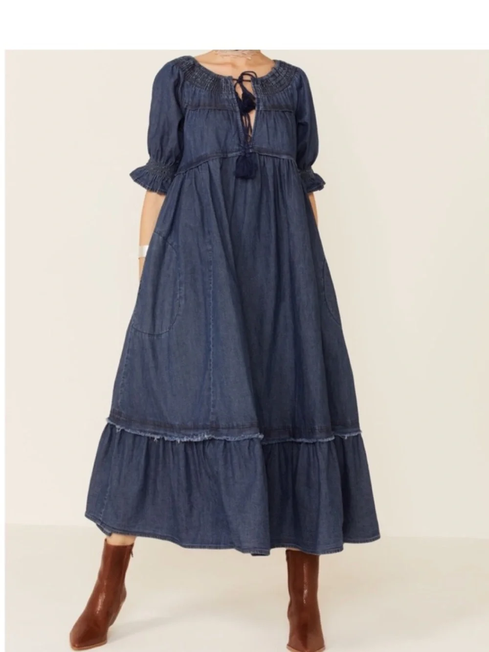 Free People One and Only Denim Dress Dark Denim Boho Ruffle Dress - Picture 1 of 6
